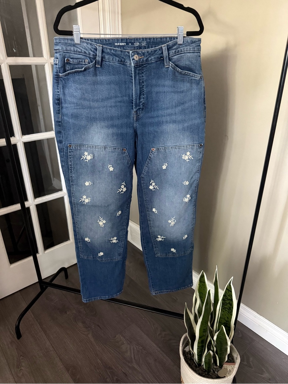 Old Navy Blue Relaxed Jeans with Embroidered Knee Patches